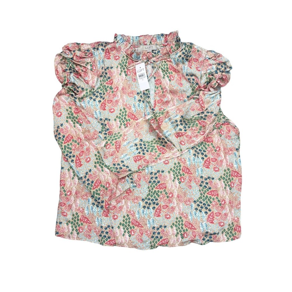 LOFT WOMEN Garden Cinched Sleeve Ruffle Tie Neck Mixed Media Top M - Picture 7 of 16